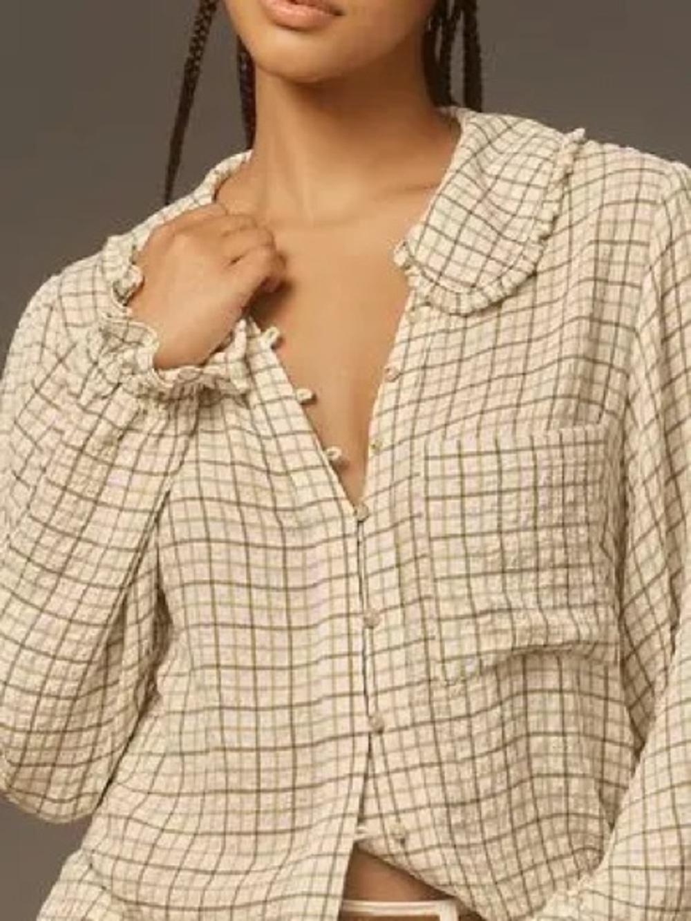 Anthropologie Pilcro Plaid Button-Front Ruffle Collar Top Size Medium